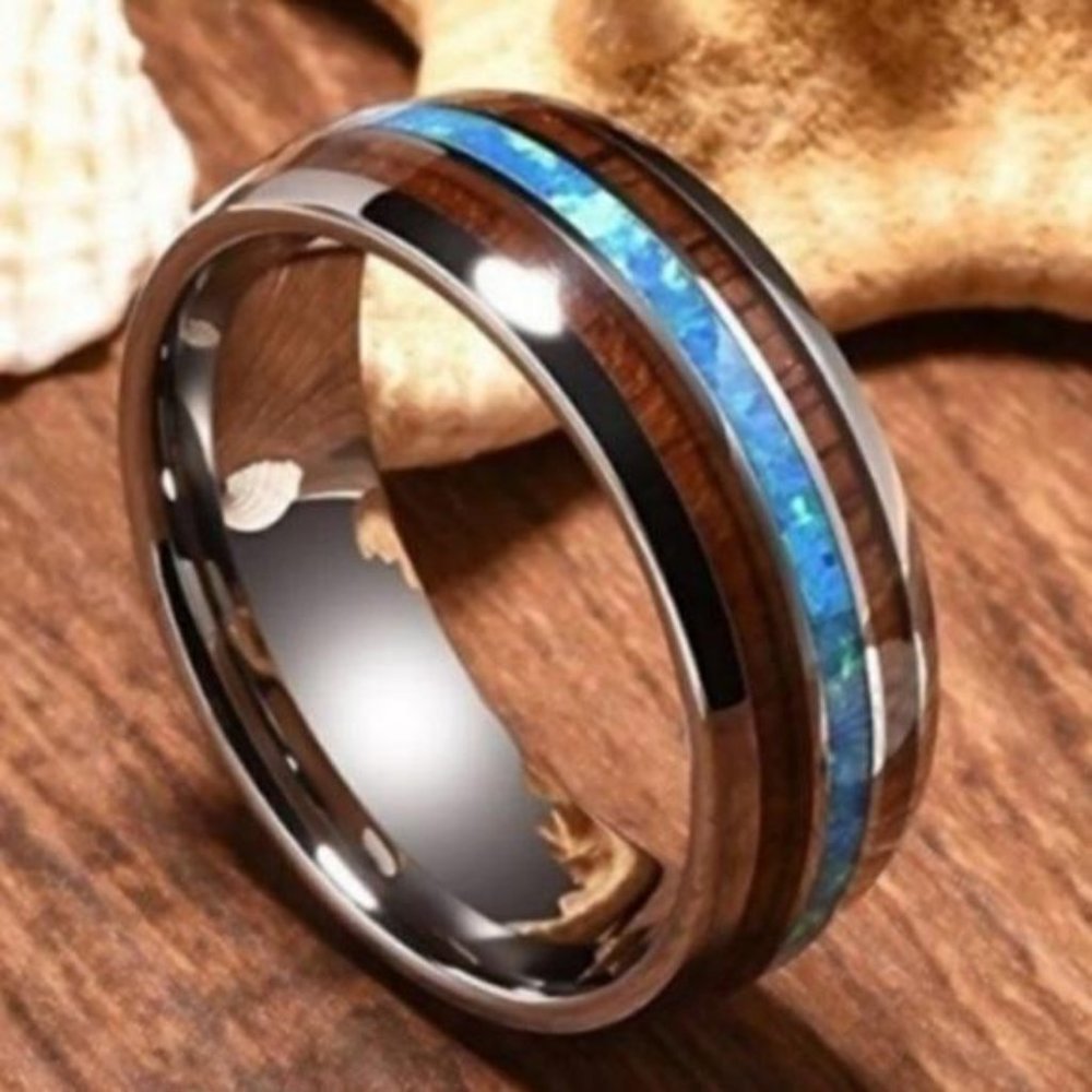 UNISEX TUNGSTEN HAWAIIAN KOA WOOD ABALONE RING - Picture 3 of 7